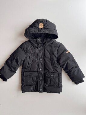 Baby MACKAGE Black Nylon Goose Down Fill Leather Trim Hooded Parka, Size 2